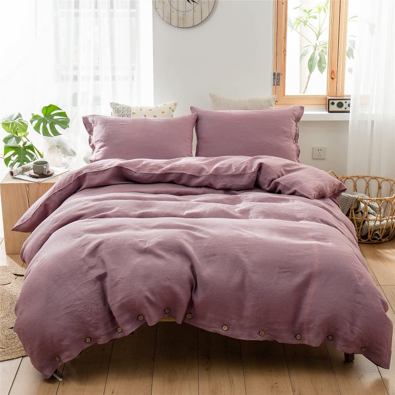 Simple&Opulence 100% Linen Duvet Cover Set 3pcs with Coconut Button Closure Natural French Washed Flax Solid Color Soft Breathable Farmhouse Bedding - Purple, King Size - Image 1
